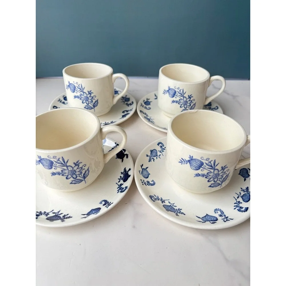 Vintage USA Blue Onion SCIO Tea Cup and Saucer Set of 4 Floral White Blue